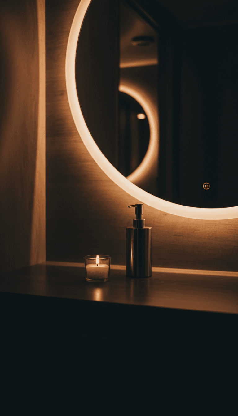 Evening ambiance with candle on vanity in the bathroom trailer