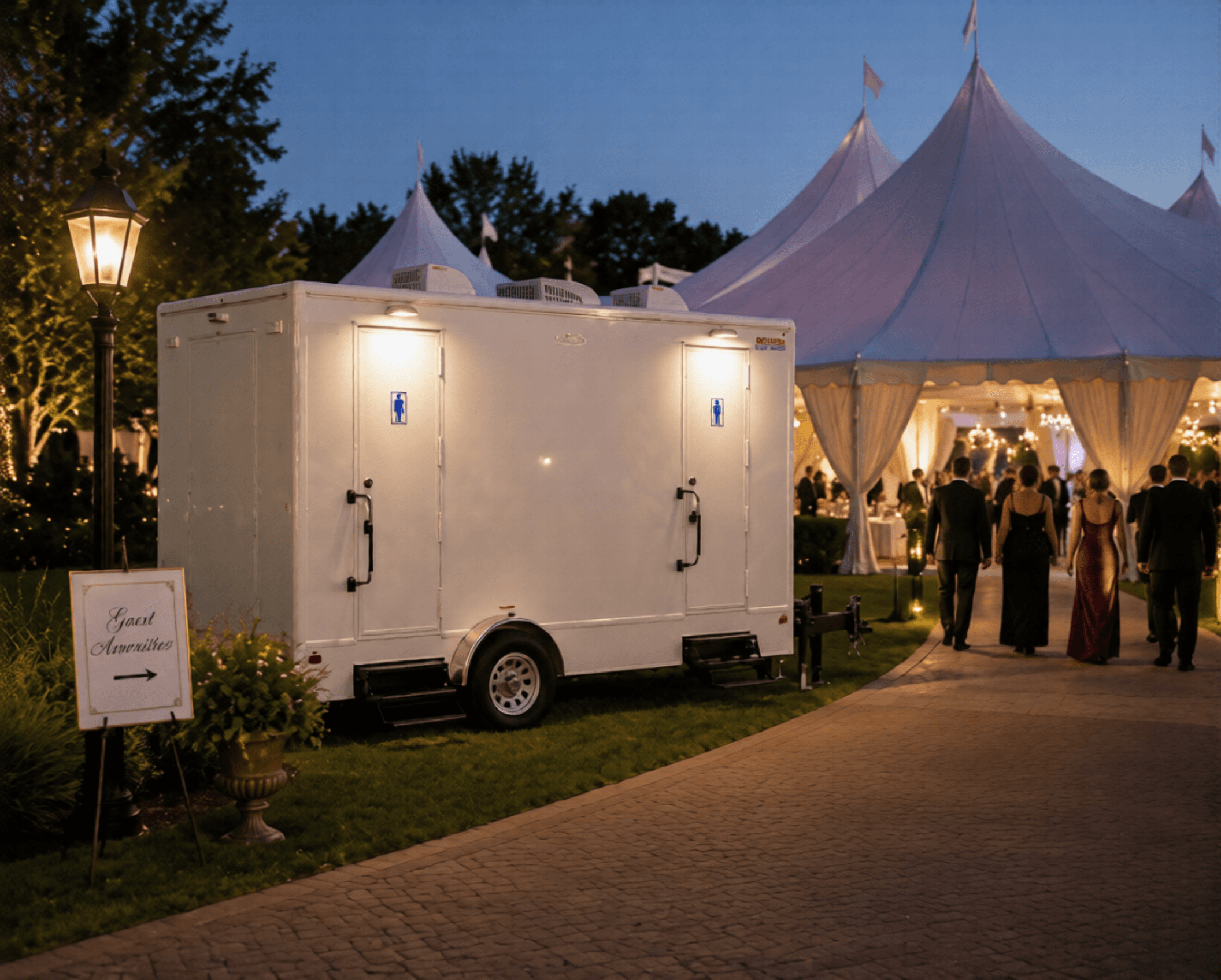 Luxury portable restroom trailer parked near a large white event tent with guests walking by.