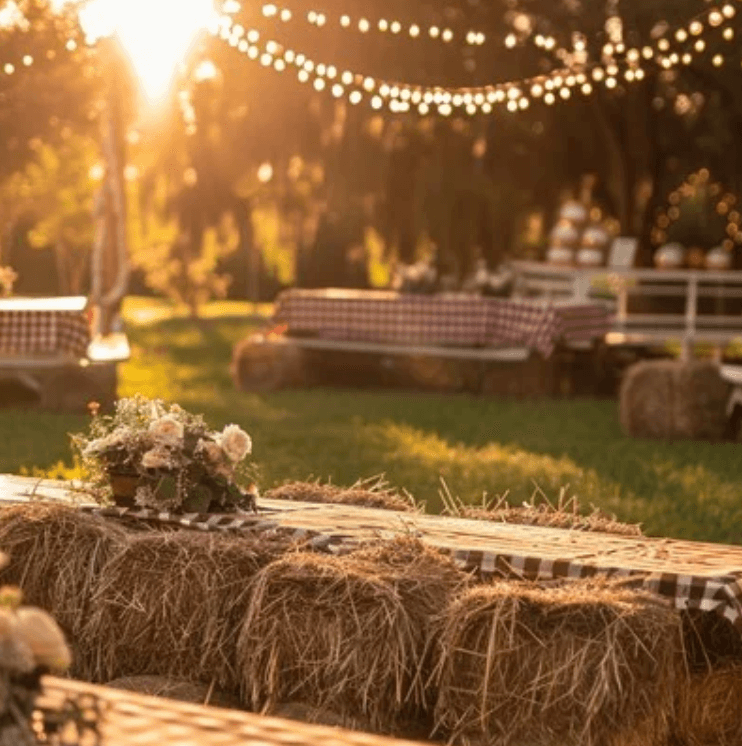 Rustic outdoor party with hay bale seating, checkered tablecloths, and string lights at sunset.