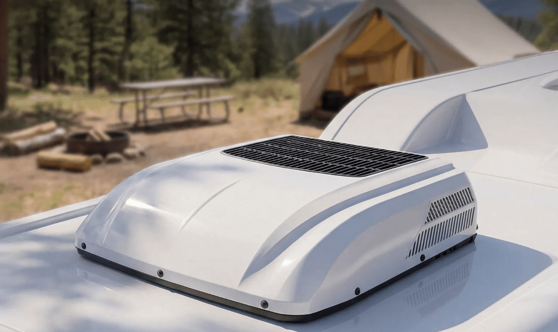 White rooftop RV air conditioner unit on a vehicle at a blurred outdoor campsite.