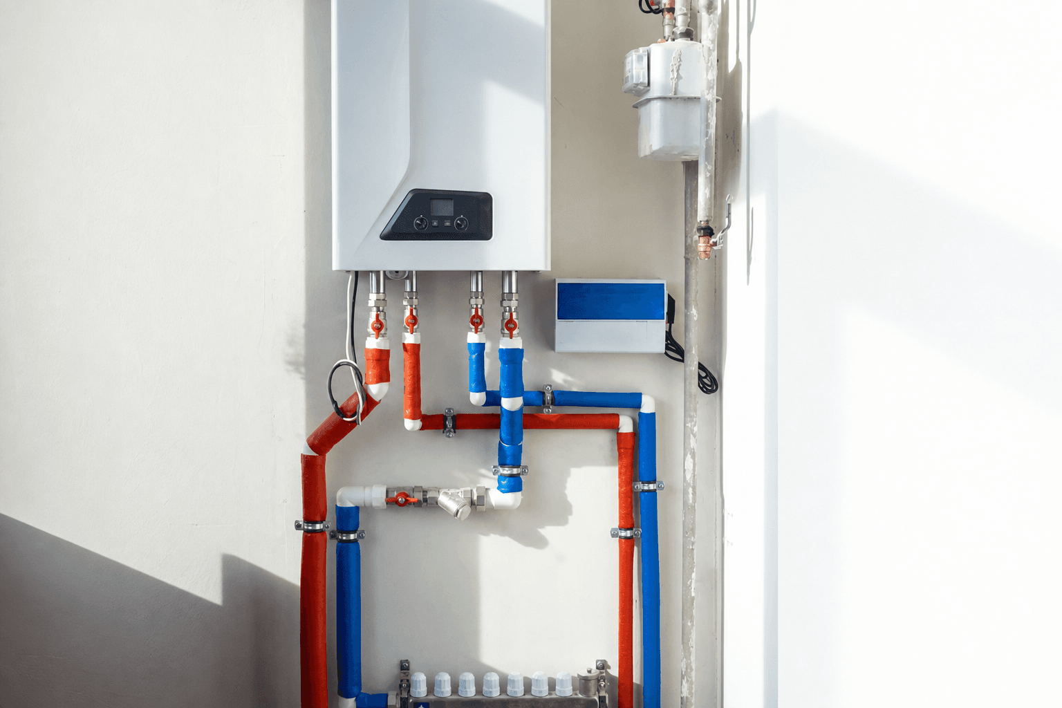 White wall-mounted gas boiler with red and blue insulated pipes and valves.