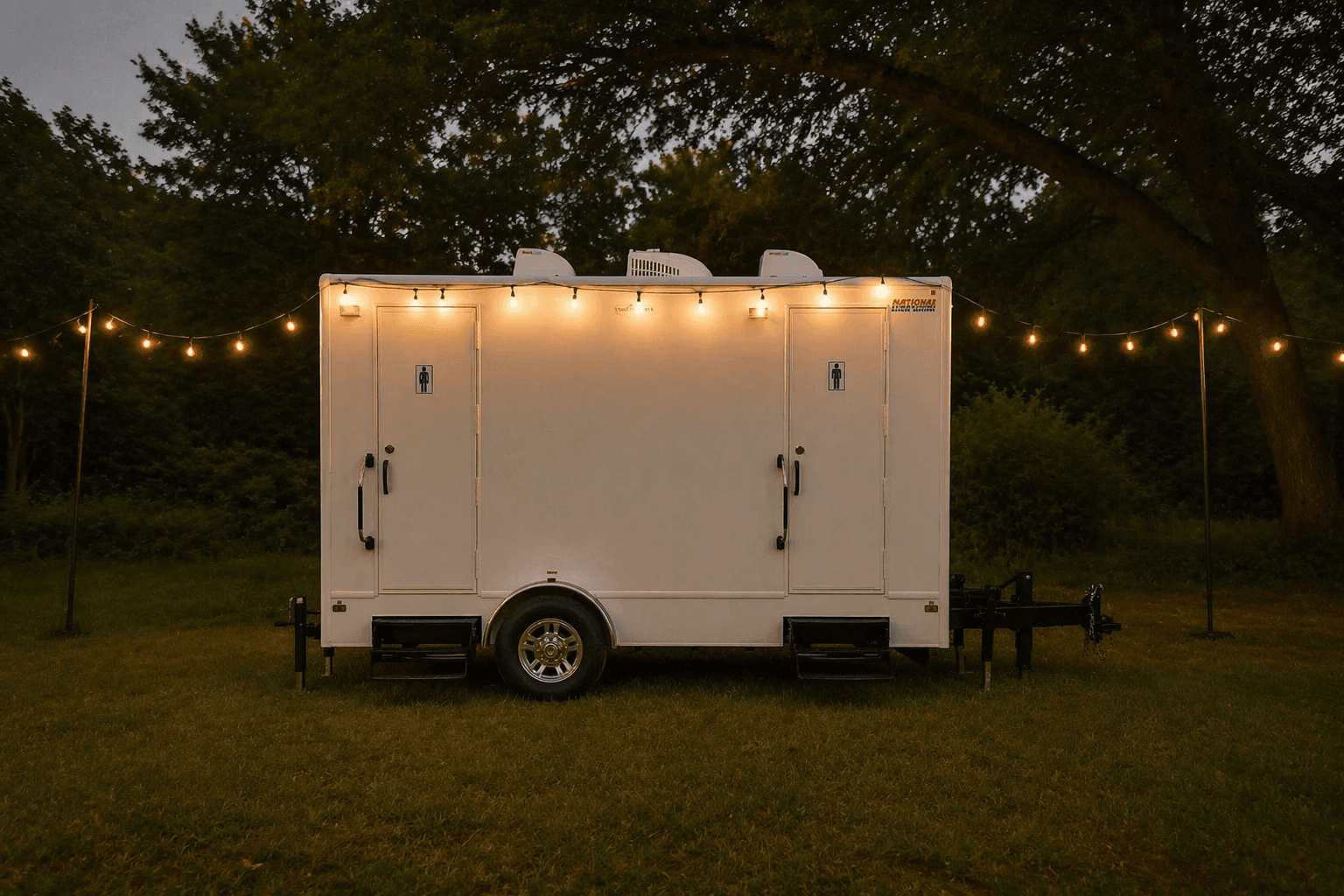 White luxury portable restroom trailer illuminated by string lights on a grassy field at dusk.
